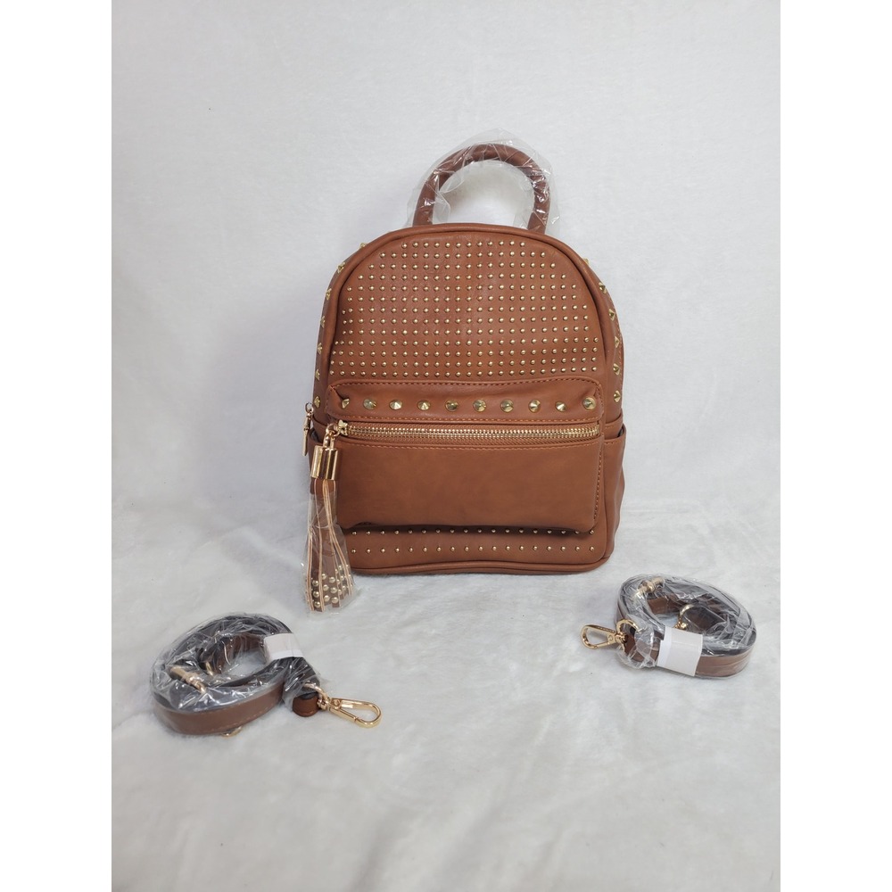 Brentano Euro Summer Festival Bohemian Mini Backpack Tan Vegan Leather 9x9 Studs